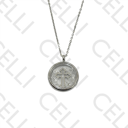 Steel Necklace - Glass Medal with Zirconias Inside