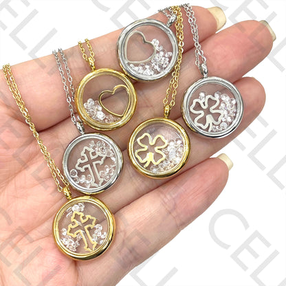 Steel Necklace - Glass Medal with Zirconias Inside