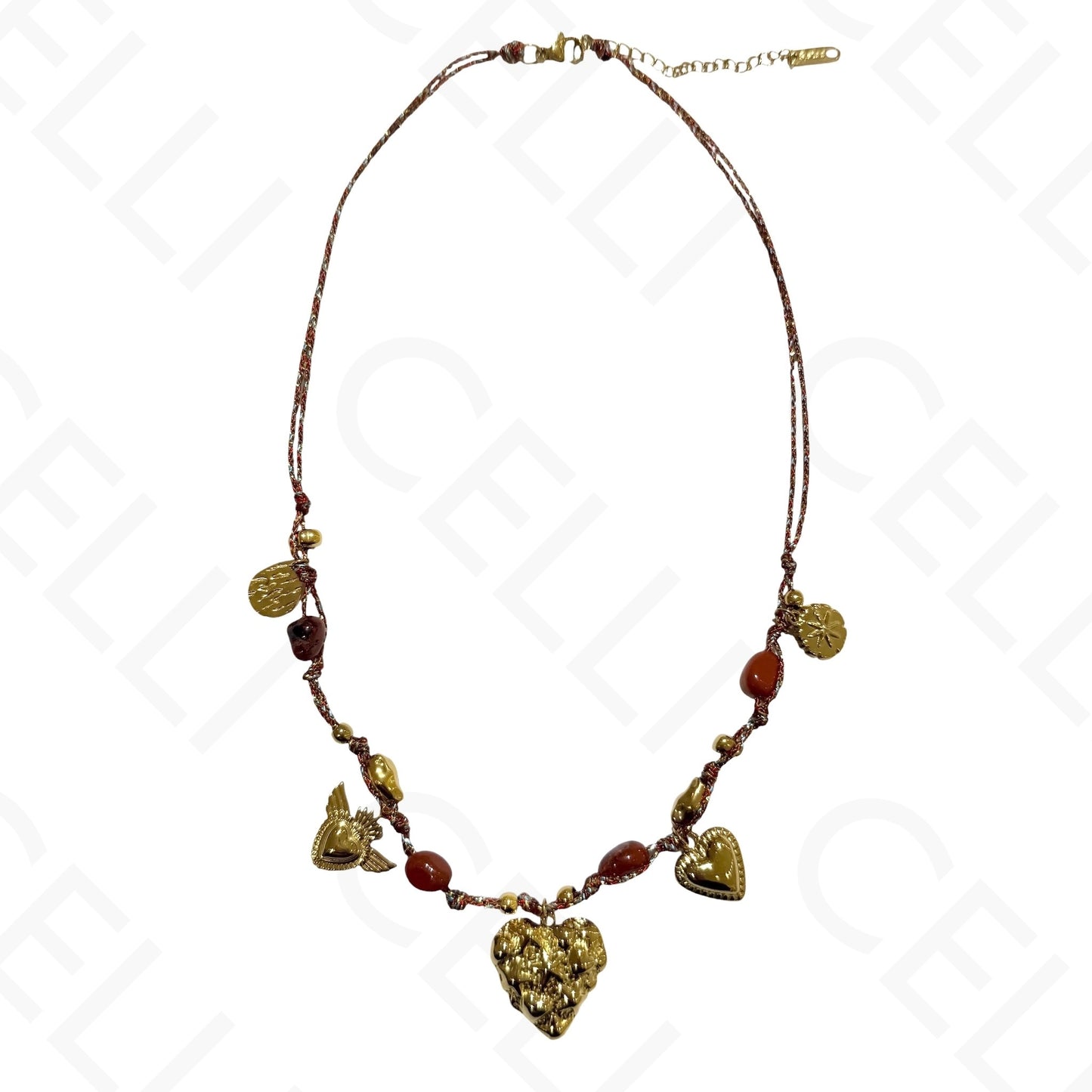 Colar de aço - multi pendente, coração, fio de algodão