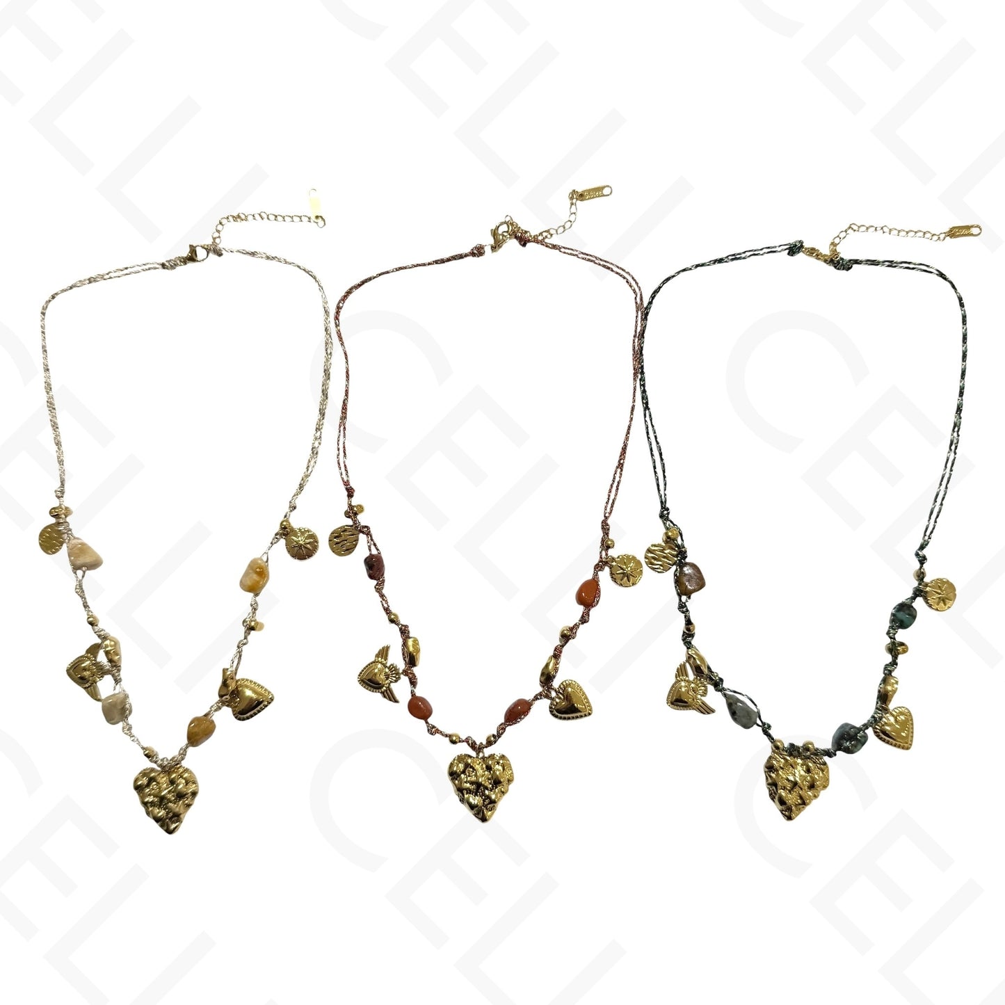 Colar de aço - multi pendente, coração, fio de algodão