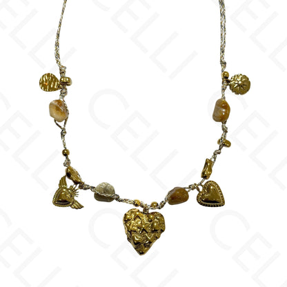 Colar de aço - multi pendente, coração, fio de algodão