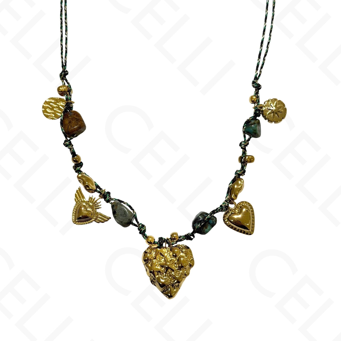 Colar de aço - multi pendente, coração, fio de algodão