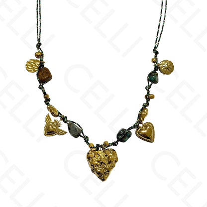 Colar de aço - multi pendente, coração, fio de algodão