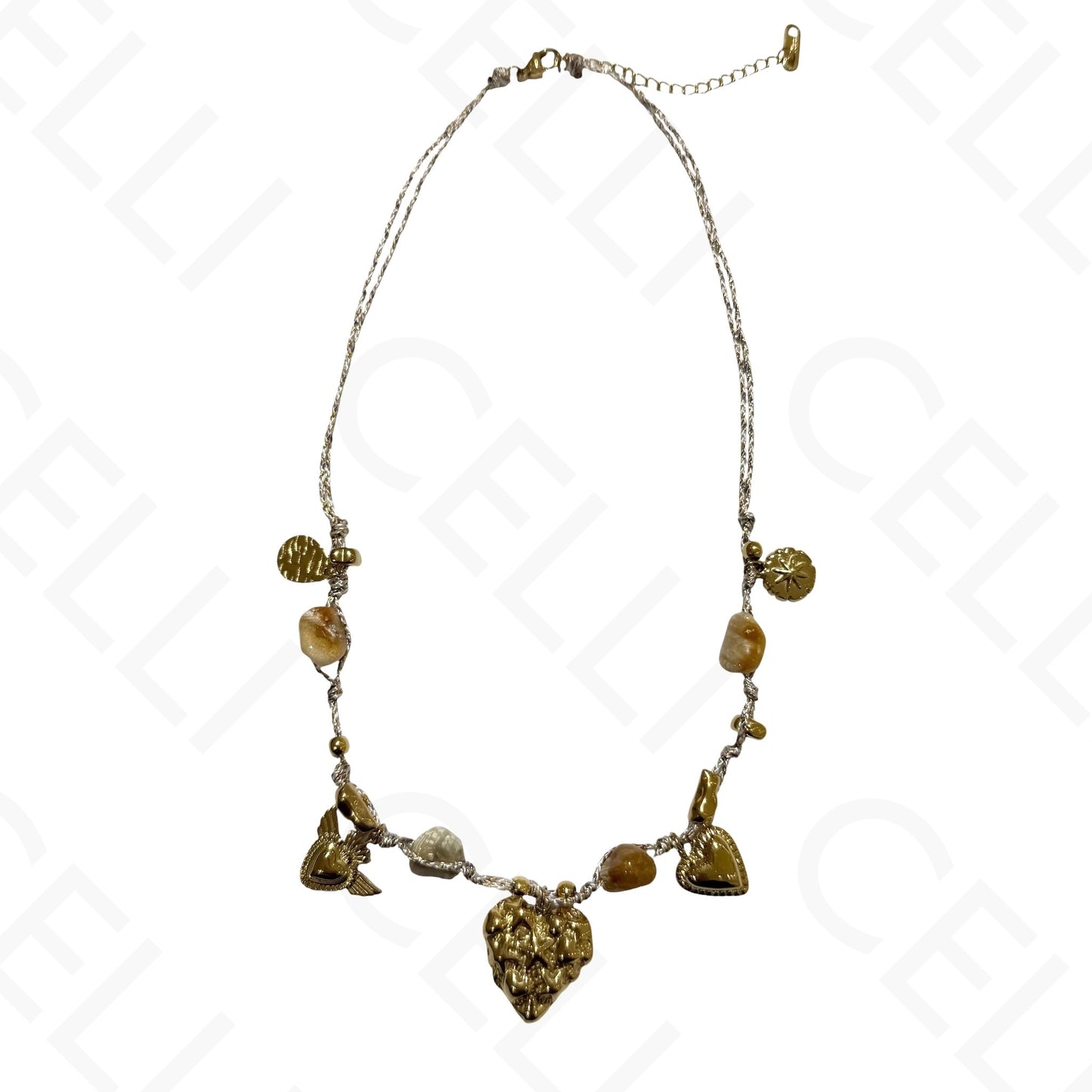 Colar de aço - multi pendente, coração, fio de algodão