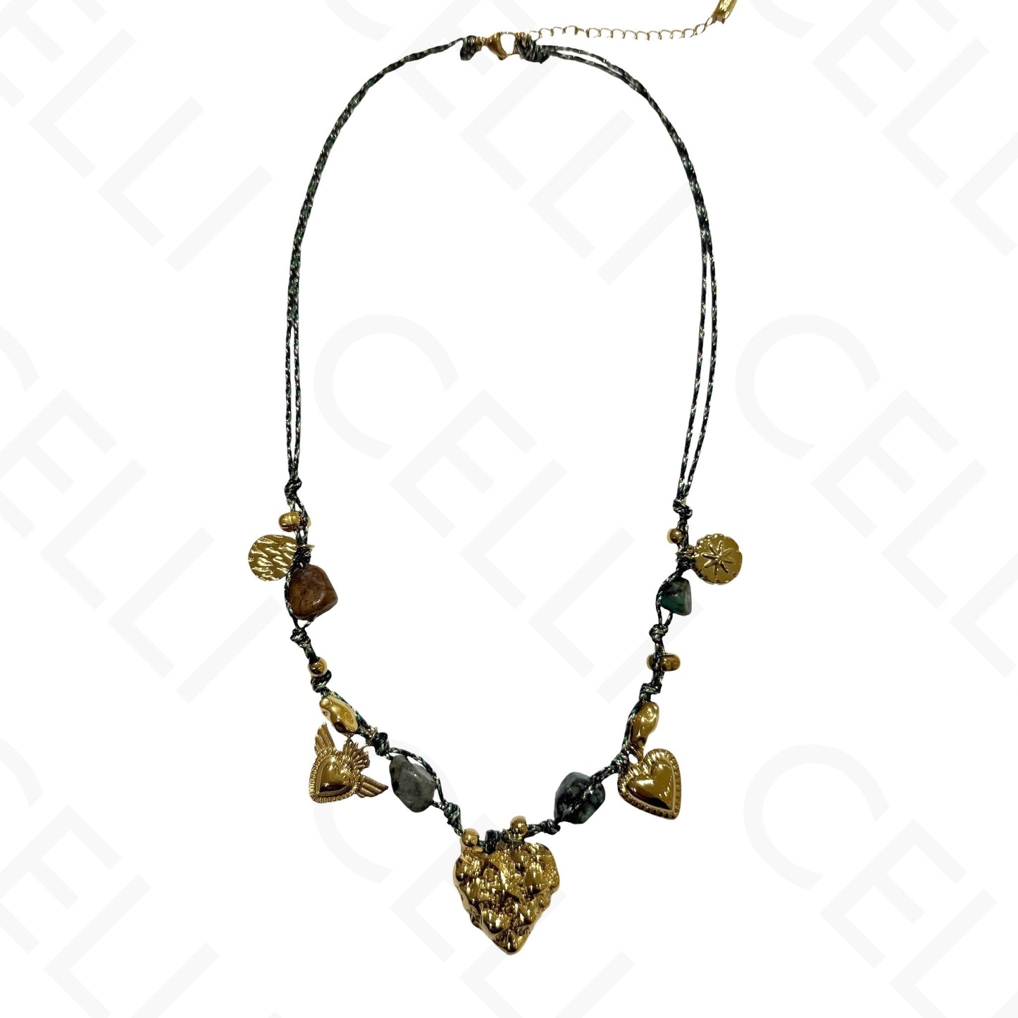 Colar de aço - multi pendente, coração, fio de algodão