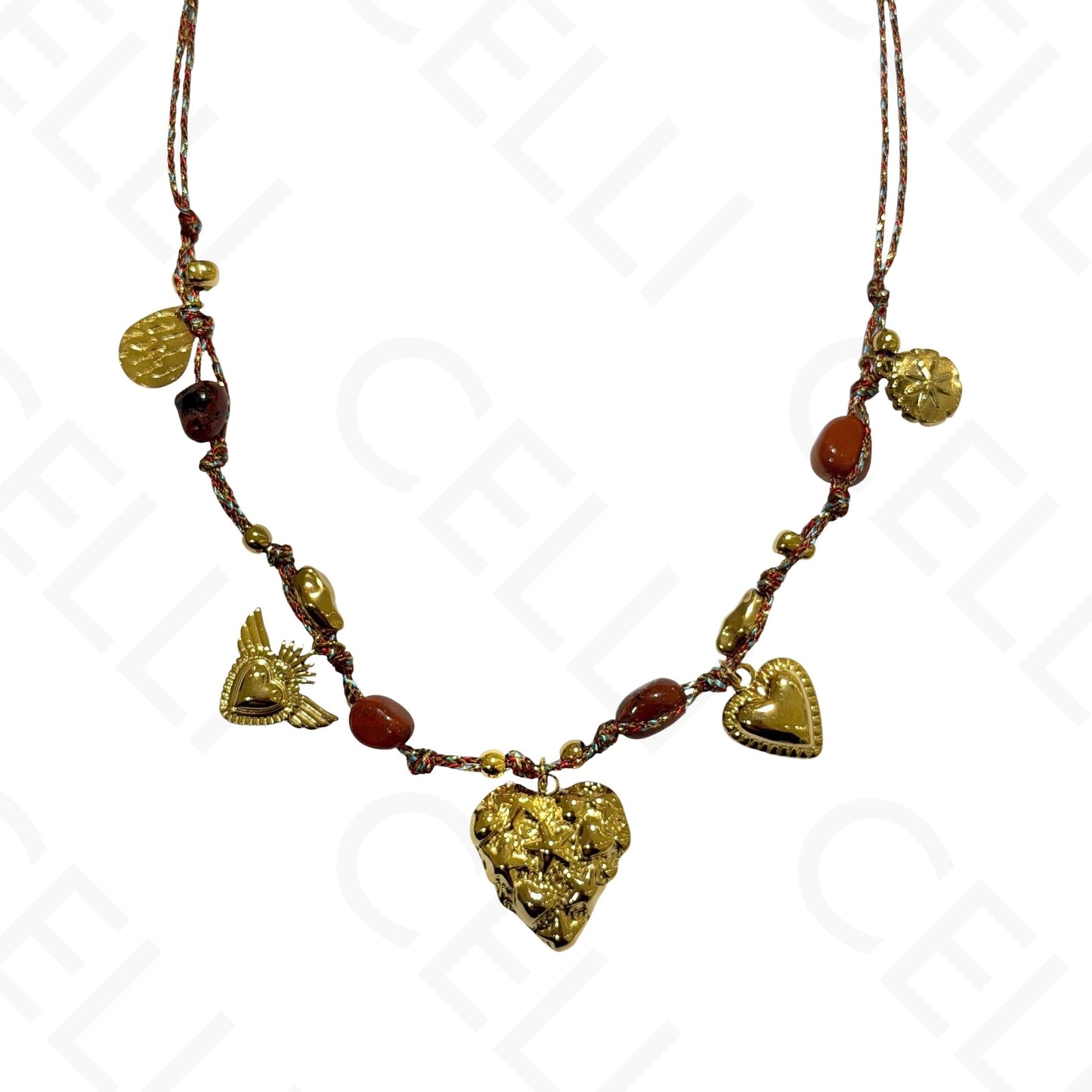 Colar de aço - multi pendente, coração, fio de algodão