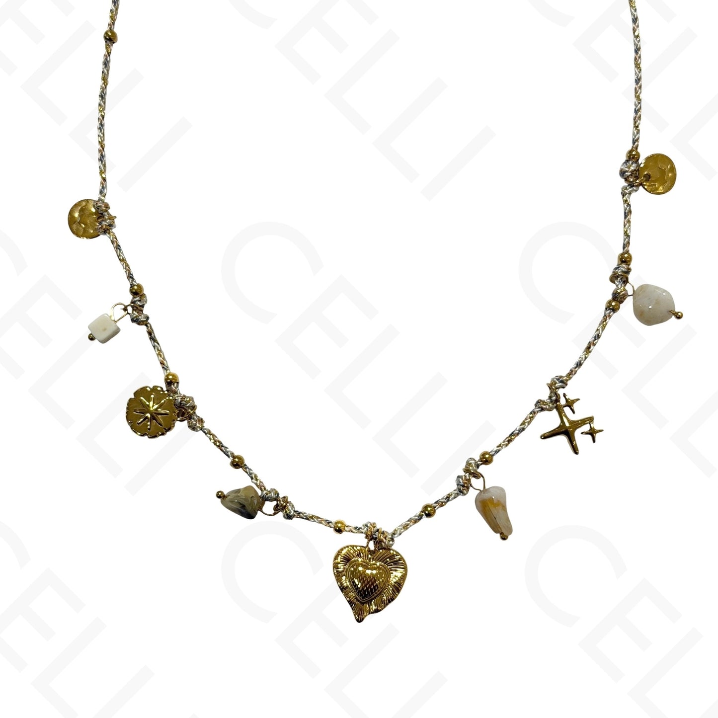 Colar de aço - multi pendente, coração, fio de algodão