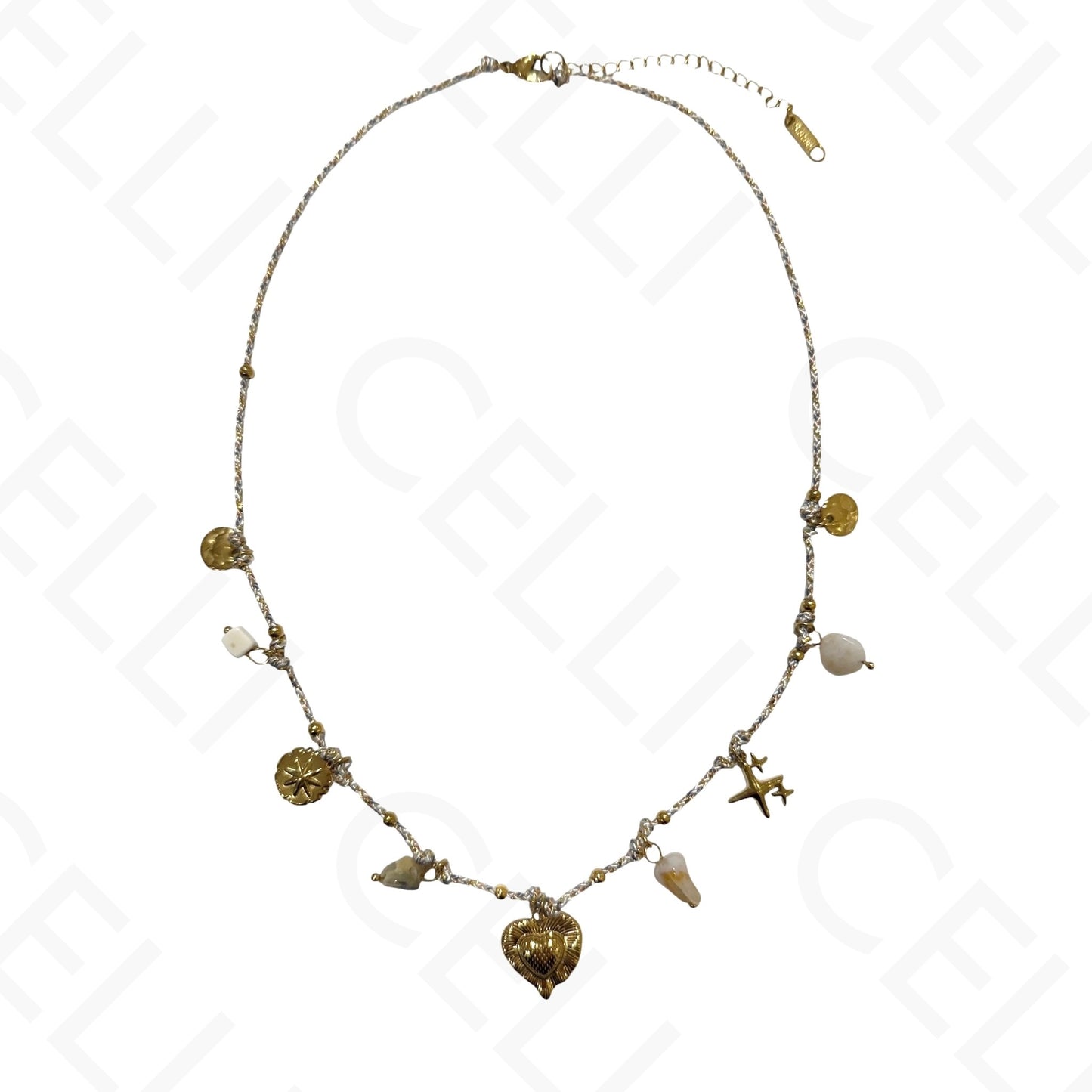 Colar de aço - multi pendente, coração, fio de algodão