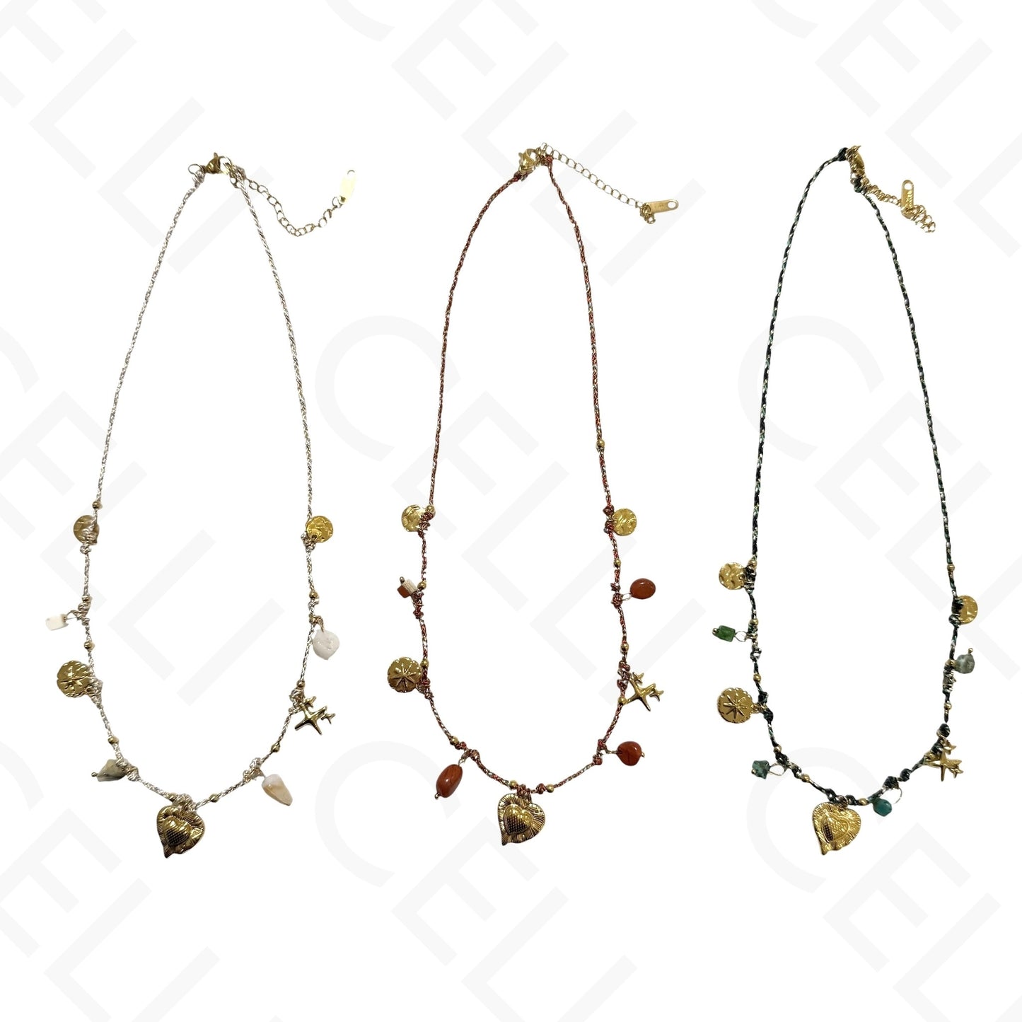 Colar de aço - multi pendente, coração, fio de algodão