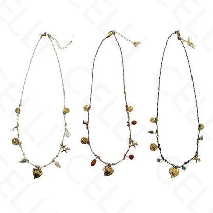 Colar de aço - multi pendente, coração, fio de algodão