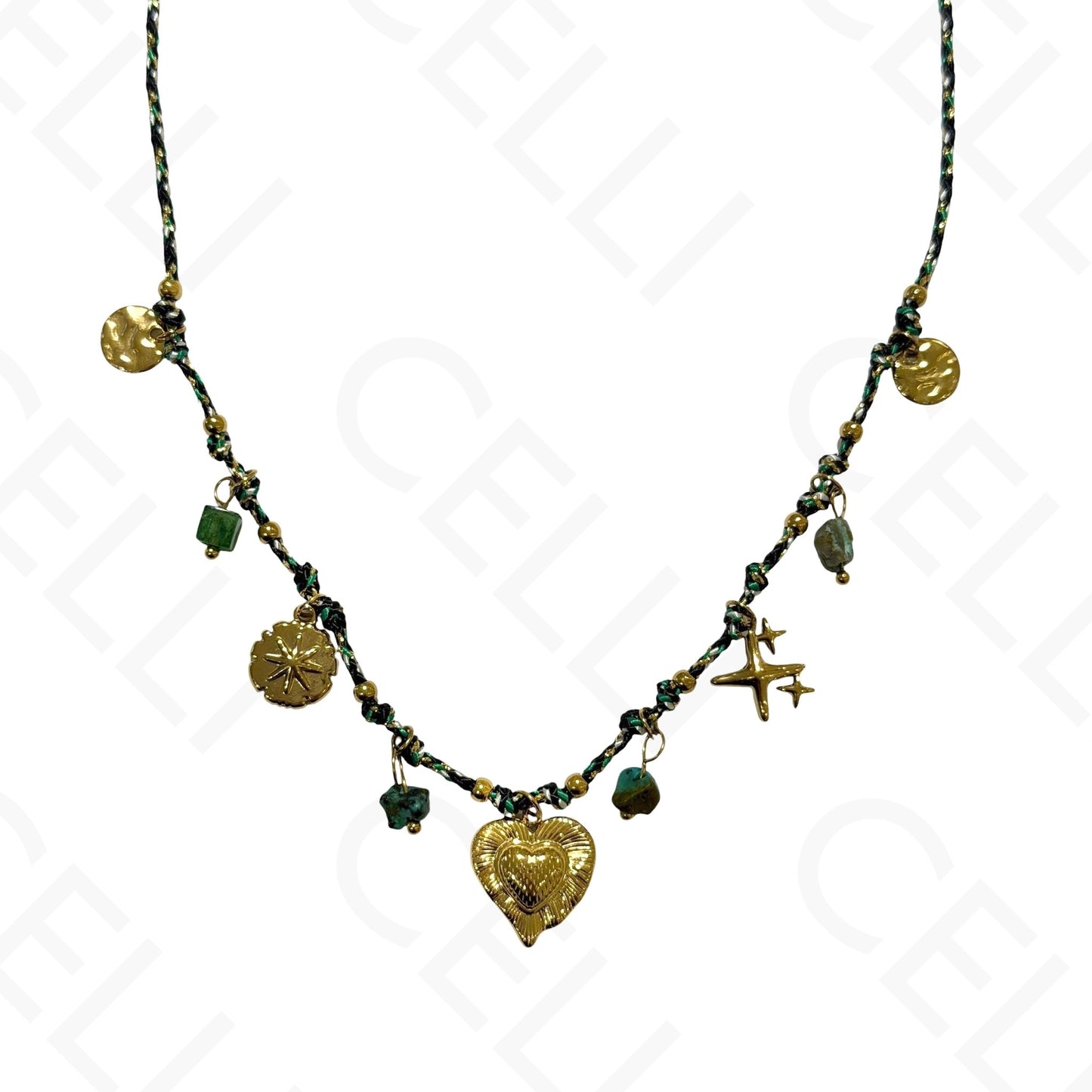 Colar de aço - multi pendente, coração, fio de algodão