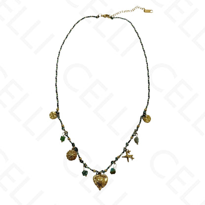 Colar de aço - multi pendente, coração, fio de algodão