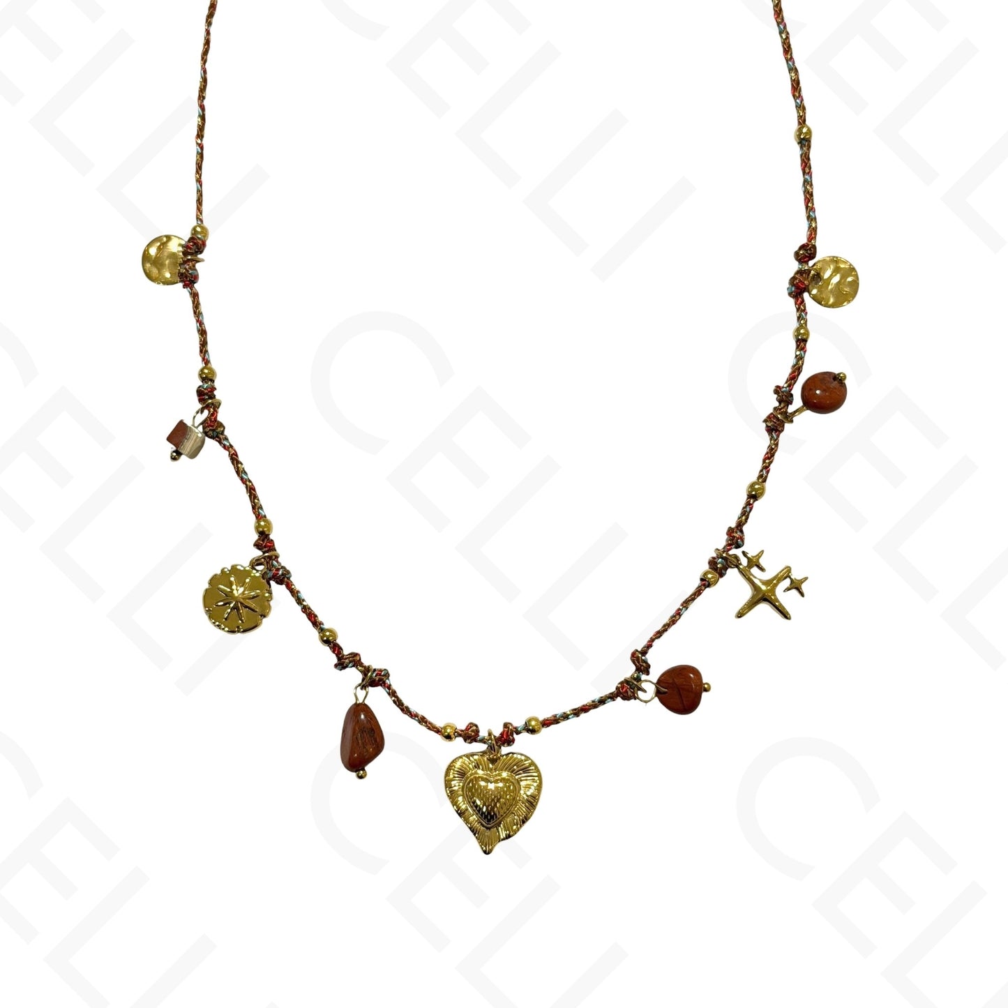 Colar de aço - multi pendente, coração, fio de algodão