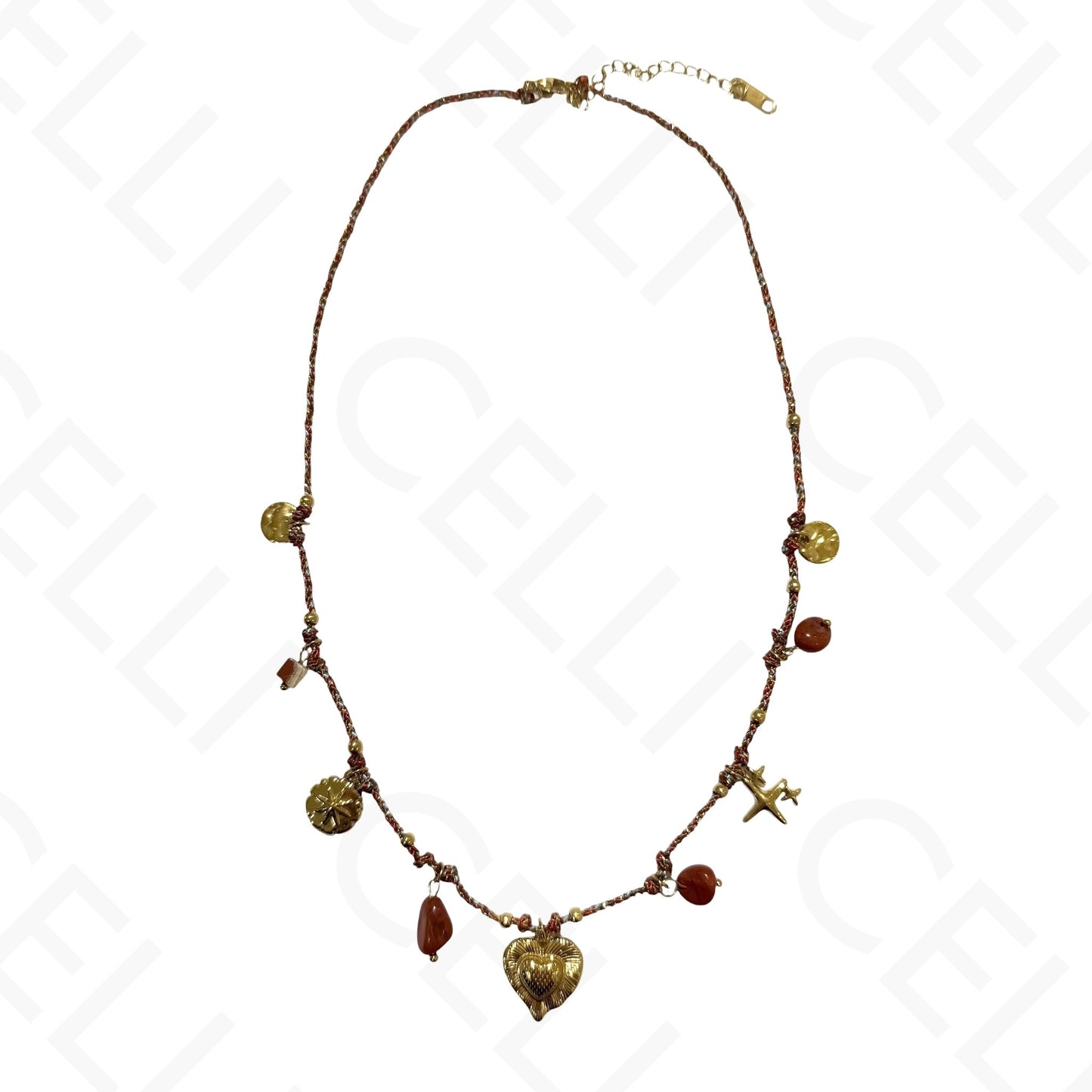 Colar de aço - multi pendente, coração, fio de algodão