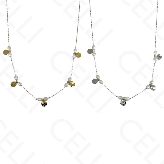 Stainless steel pearl and hammered disc necklace