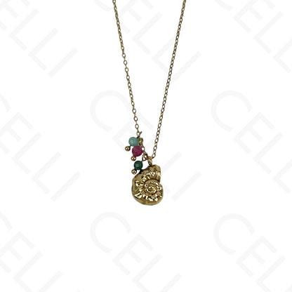 Stainless steel conch shell with faceted natural stones necklace