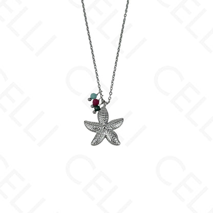 Stainless steel starfish necklace with faceted natural stones