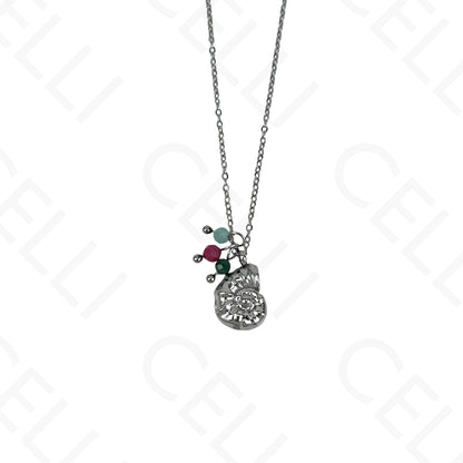 Stainless steel conch shell with faceted natural stones necklace