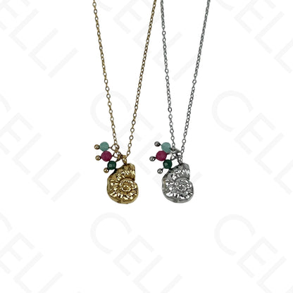 Stainless steel conch shell with faceted natural stones necklace