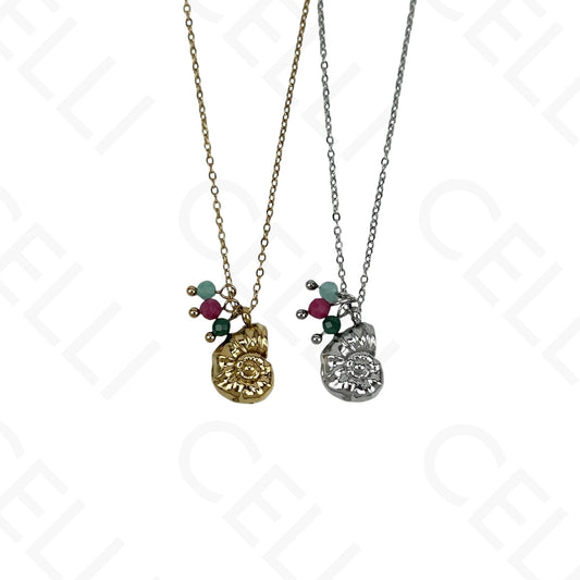 Stainless steel conch shell with faceted natural stones necklace