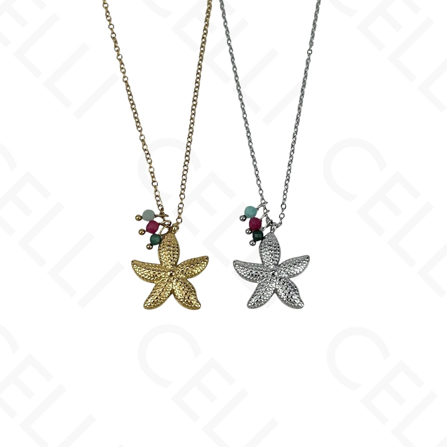 Stainless steel starfish necklace with faceted natural stones