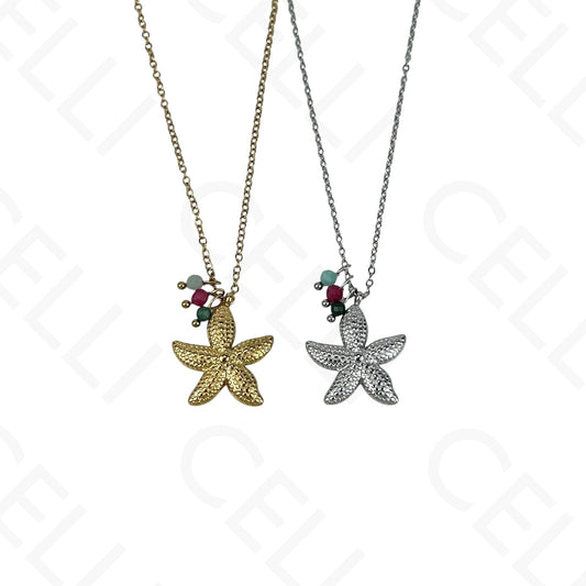 Stainless steel starfish necklace with faceted natural stones