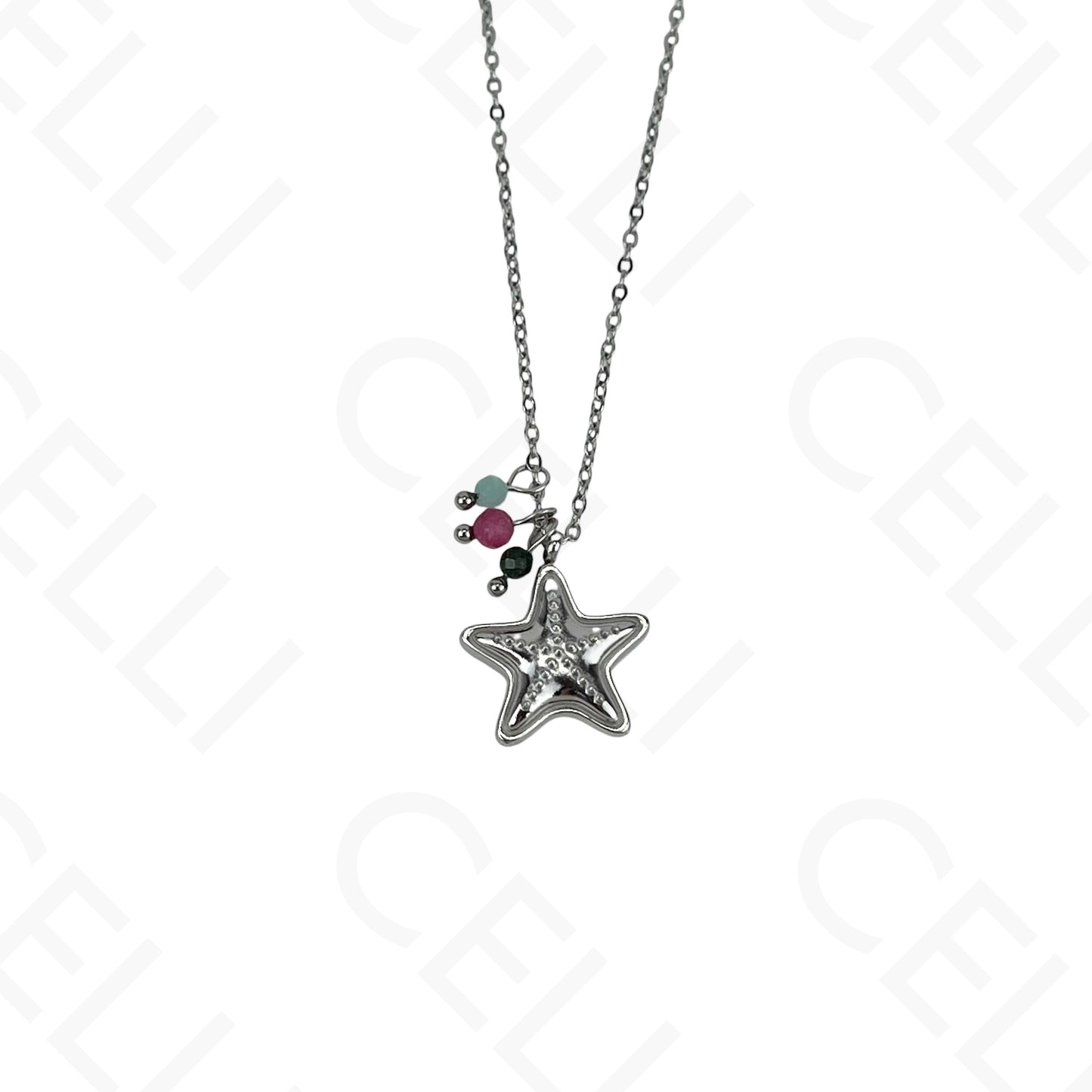 Stainless steel starfish necklace with faceted natural stones