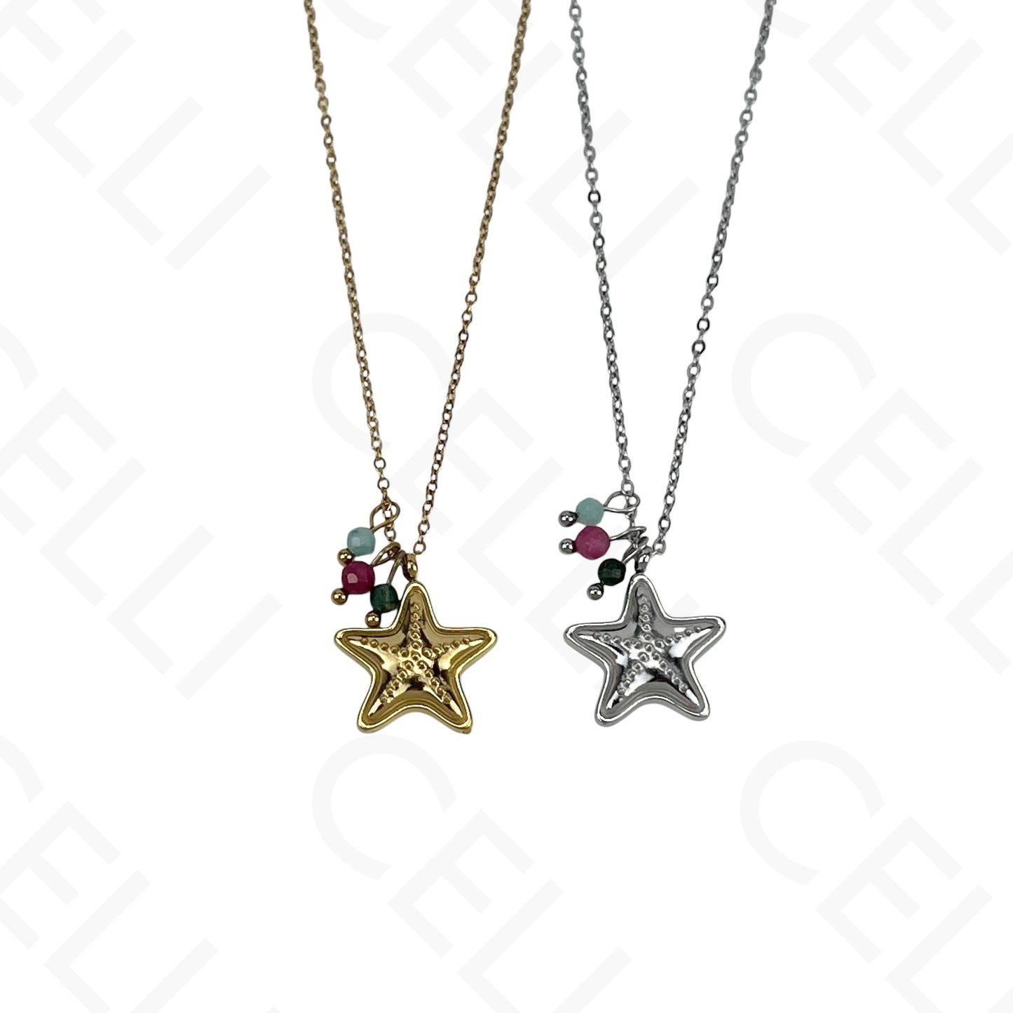 Stainless steel starfish necklace with faceted natural stones