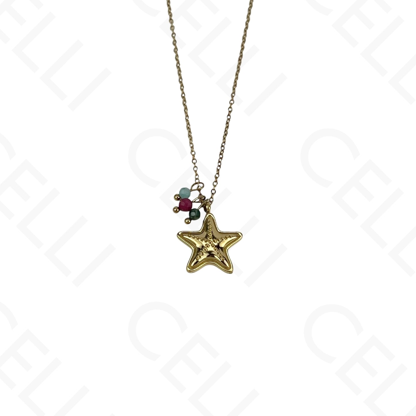 Stainless steel starfish necklace with faceted natural stones