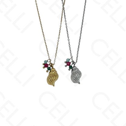 Stainless steel conch shell necklace with faceted natural stones