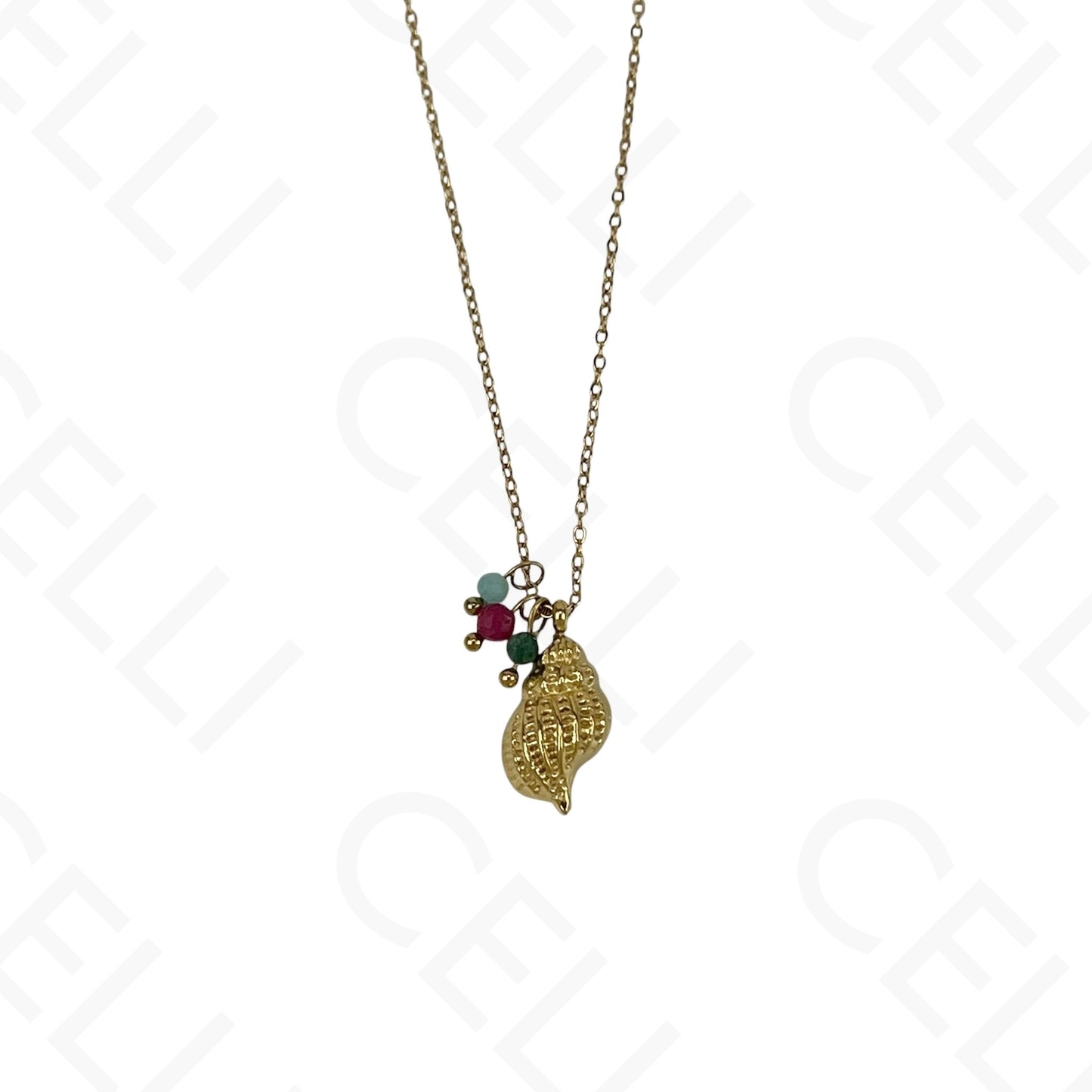 Stainless steel conch shell necklace with faceted natural stones