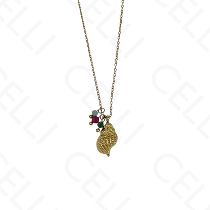 Stainless steel conch shell necklace with faceted natural stones