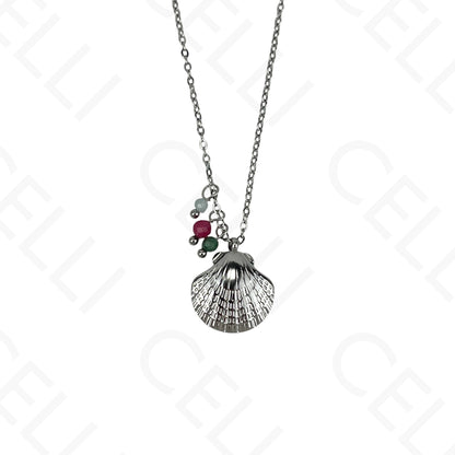 Stainless steel shell necklace with faceted natural stones