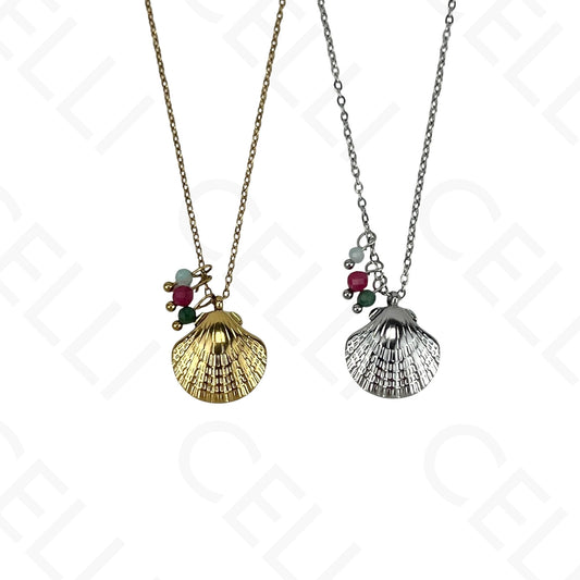 Stainless steel shell necklace with faceted natural stones