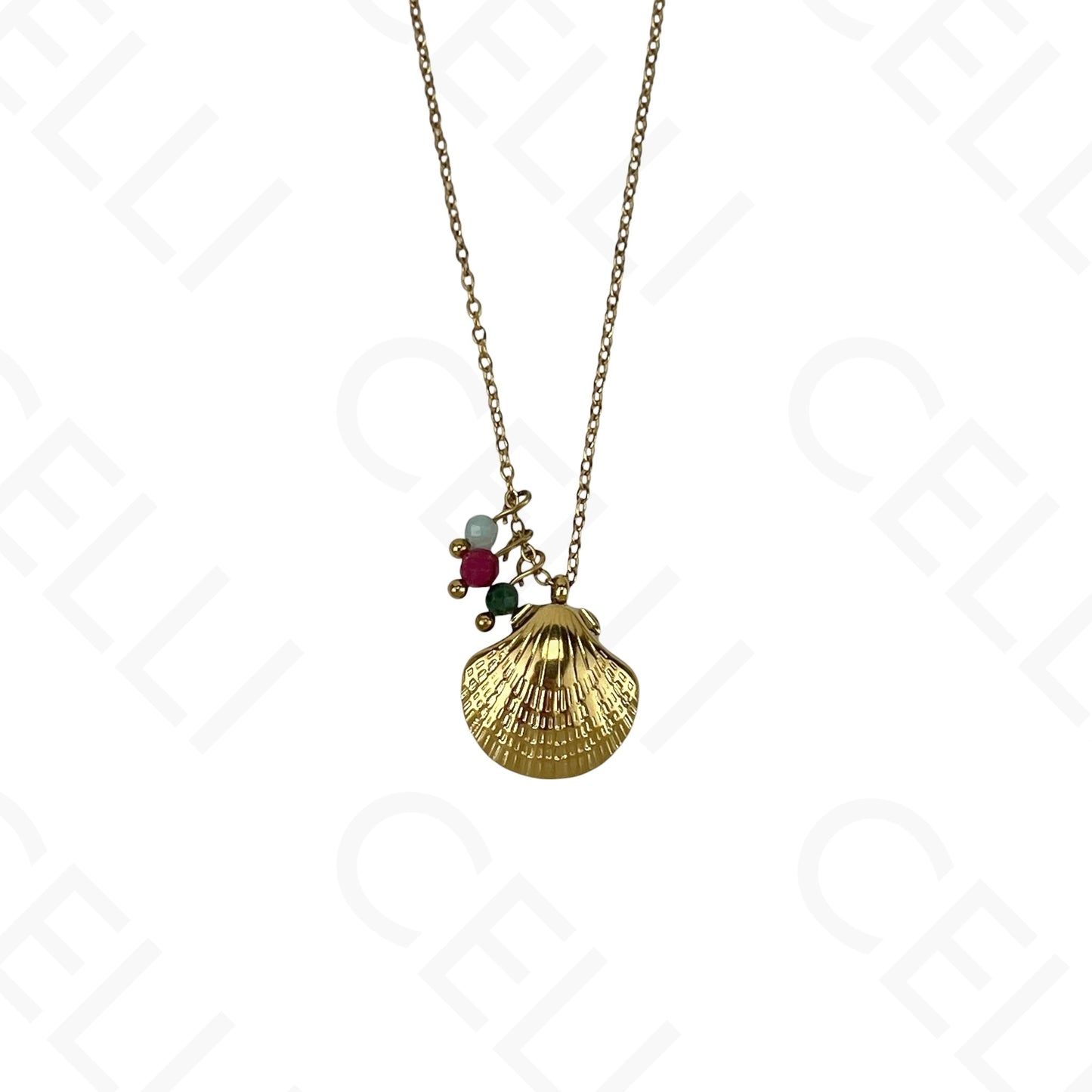 Stainless steel shell necklace with faceted natural stones