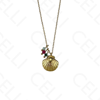 Stainless steel shell necklace with faceted natural stones
