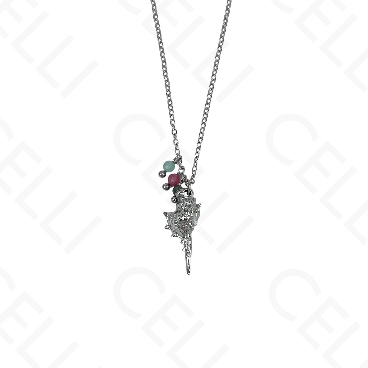 Stainless steel conch shell necklace with faceted natural stones