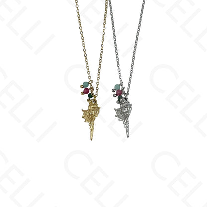 Stainless steel conch shell necklace with faceted natural stones