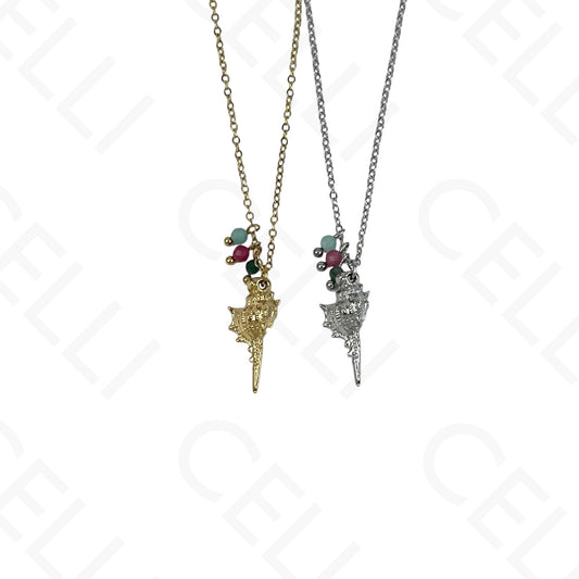 Stainless steel conch shell necklace with faceted natural stones