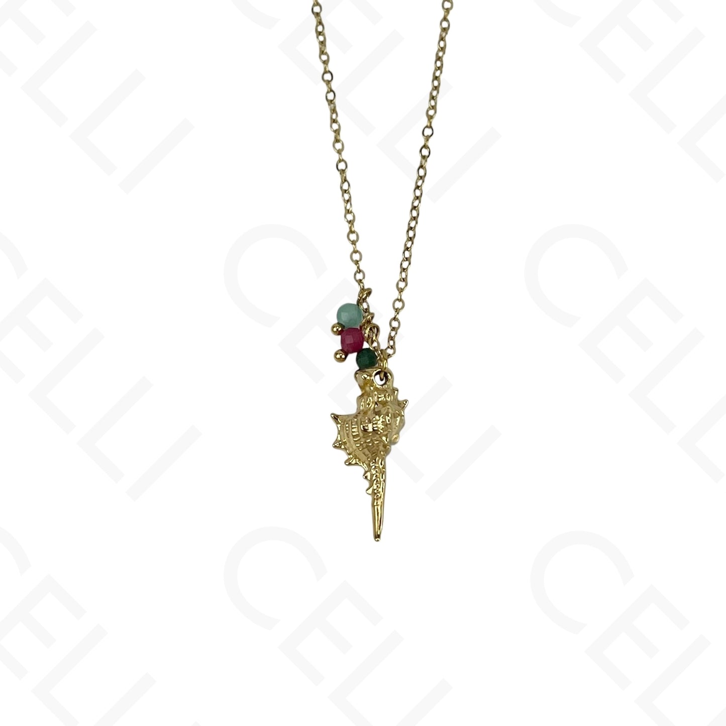 Stainless steel conch shell necklace with faceted natural stones