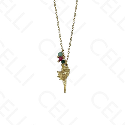 Stainless steel conch shell necklace with faceted natural stones