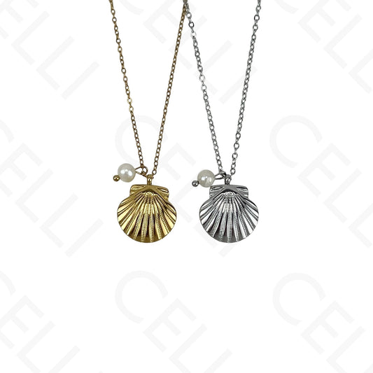 Shell and pearl stainless steel necklace