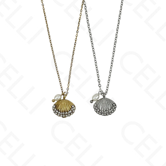 Stainless steel shell with diamonds and pearl necklace