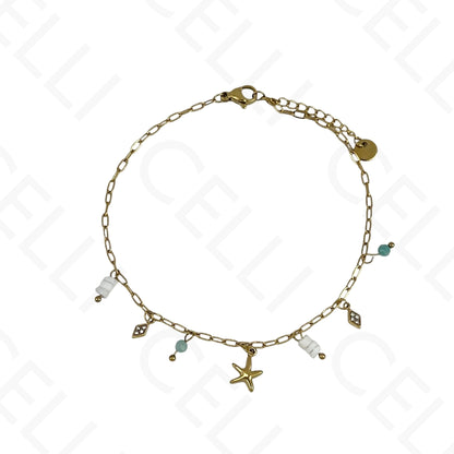 Tornozeleira de Aço - estrela do mar, pedras naturais (6 cores)