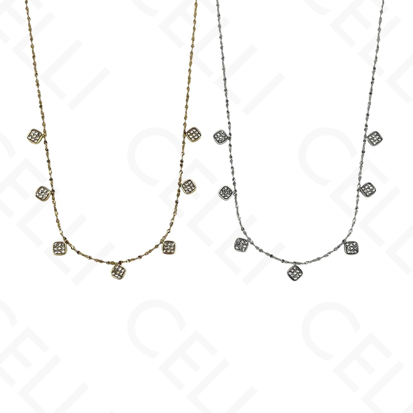 Steel Necklace - Mini Squares with Rhinestones