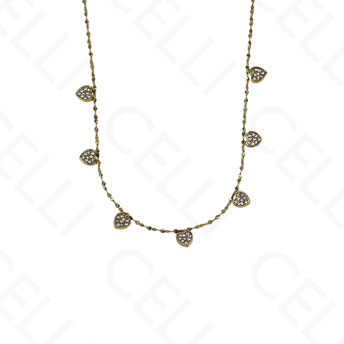 Steel Necklace - Mini Hearts with Rhinestones