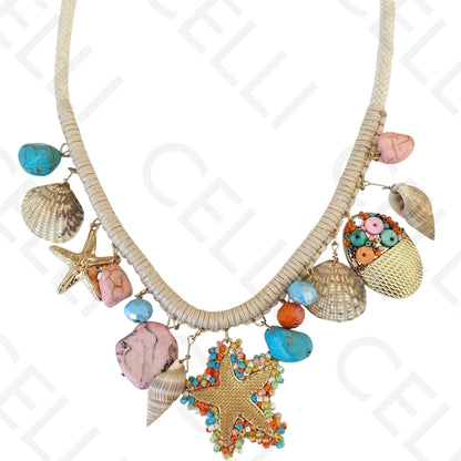 Colar de moda - cordão de algodão com elementos do mar