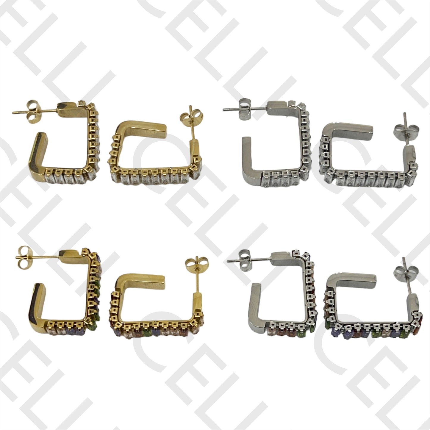 不锈钢矩形亮钻锆石耳环