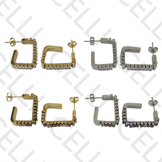 不锈钢矩形亮钻锆石耳环