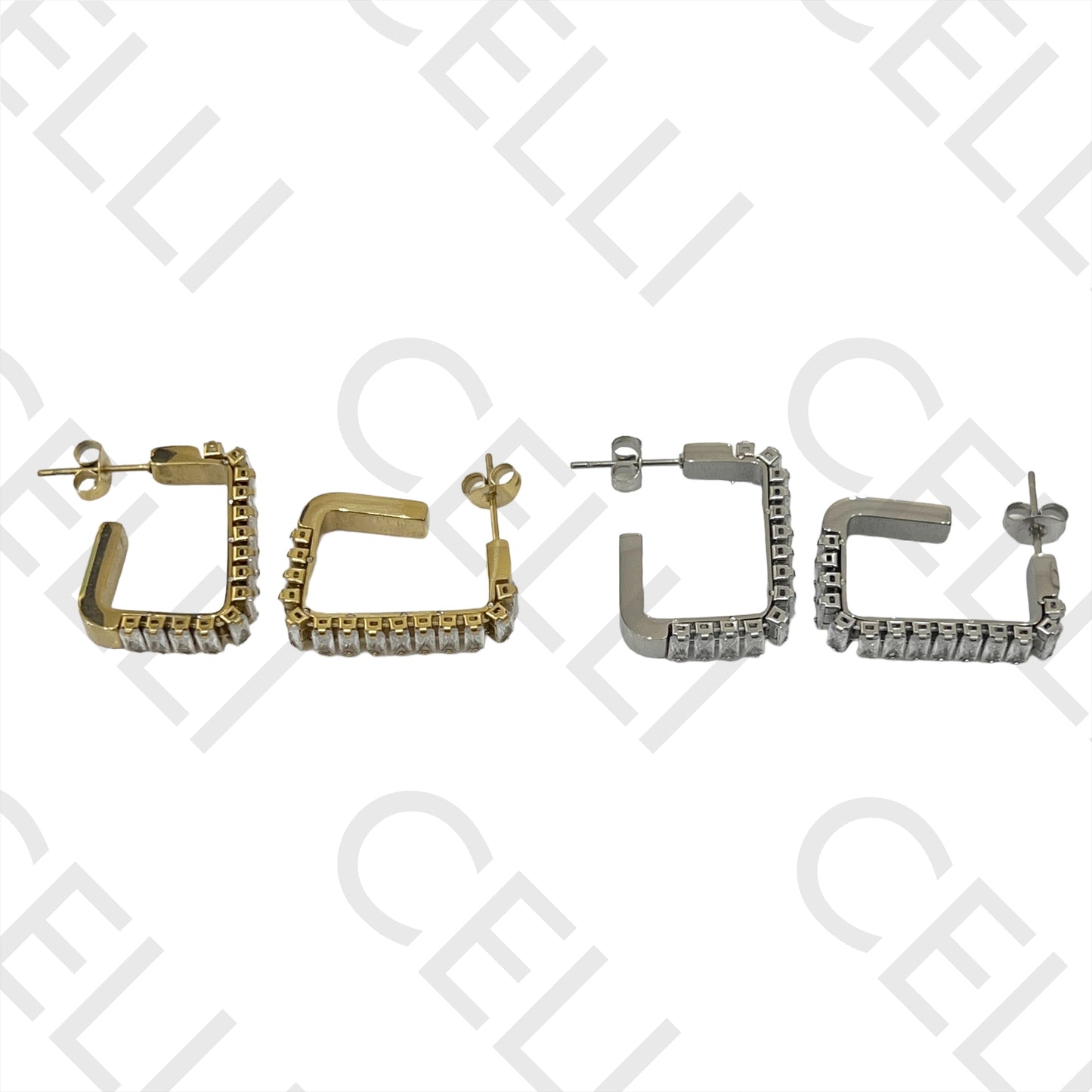 不锈钢矩形亮钻锆石耳环